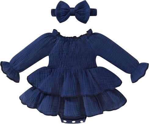 Happy Town Baby Girl Romper ملابس قطنية لطيفة للفتيات الرضع بأكمام طويلة مع عصابة رأس ملابس خريف وشتاء in Kuwait
