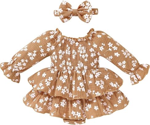 Happy Town Baby Girl Romper ملابس قطنية لطيفة للفتيات الرضع بأكمام طويلة مع عصابة رأس ملابس خريف وشتاء in Kuwait