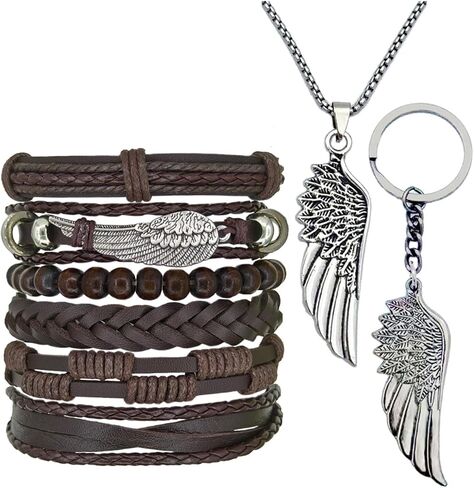 8Pcs Punk Leather Bracelet Set for Men & Women, 6Pcs Braided PU Cuffs, Necklace & Keychain, Adjustable, Stackable in Saudi Arabia