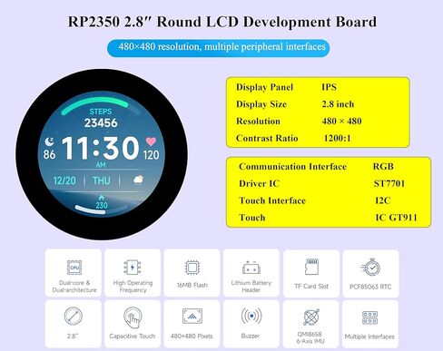 RP2350 2.8inch Round Touch Display Development Board, 480x480, Based On RP2350B Dual-Core & Dual-Architecture Microcontroller, RGB Interface, Multiple Peripheral Interfaces via GPIO, UART, I2C, etc in Saudi Arabia