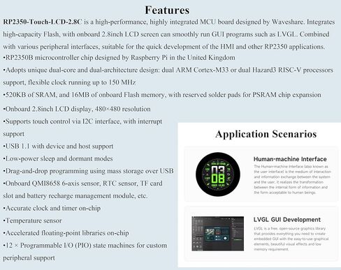 RP2350 2.8inch Round Touch Display Development Board, 480x480, Based On RP2350B Dual-Core & Dual-Architecture Microcontroller, RGB Interface, Multiple Peripheral Interfaces via GPIO, UART, I2C, etc in Saudi Arabia