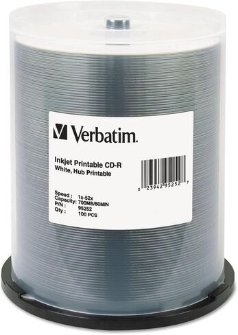 Verbatim CD-R Printable Recordable Disc, 700 MB, 52x, Spindle, White, 100/Pack in Saudi Arabia