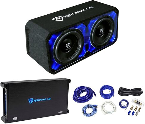 حزمة Rockville DV12K6D2: مكبرات صوت مزدوجة 12 بوصة بقدرة 4800 واط / 1200 واط RMS للسيارة، حاوية Plexi، مضخم صوت أحادي dB15 6000 واط 2 أوم، RWK01 0 مجموعة أسلاك أمبير كاملة، 3 عناصر in Kuwait