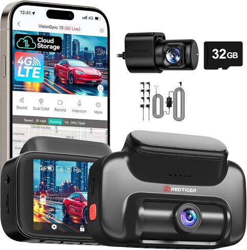 REDTIGER 4G LTE Dash Cam Front and Rear,Remote Live Stream, 30-Day Cloud Storage, 2.5K + 1080P, Emergency Alert, GPS, Built-in SIM (AT&T), Parking Monitor, 32GB Card & Hardwire Kit Included (VS10) in Saudi Arabia