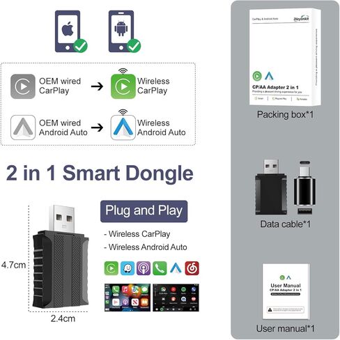 Wireless Carplay Adapter for iPhone, Wireless Adapter for Android Auto, 2-in-1 Mini USB Car Play Dongle for Car's Wired Car Play & Android Auto Plug & Play in Saudi Arabia