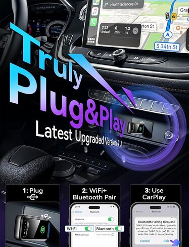محول Carplay اللاسلكي لهاتف iPhone، أحدث ترقية Carplay Dongle، تحويل سريع ثابت سلكي إلى CarPlay لاسلكي، توصيل وتشغيل ترقية OTA، لهاتف iPhone iOS 10+ والسيارات مع CarPlay السلكي (أسود) in Kuwait