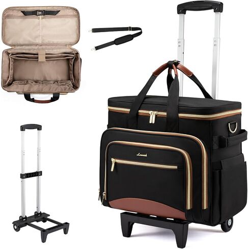 LOVEVOOK Rolling Teacher Bag with Detachable Dolly and Laptop Compartment, Large Rolling Tote Bag fits for 17.3" Laptop for Teacher Office Work Craft Nurse, Quilted-Black-beige-brown in Kuwait