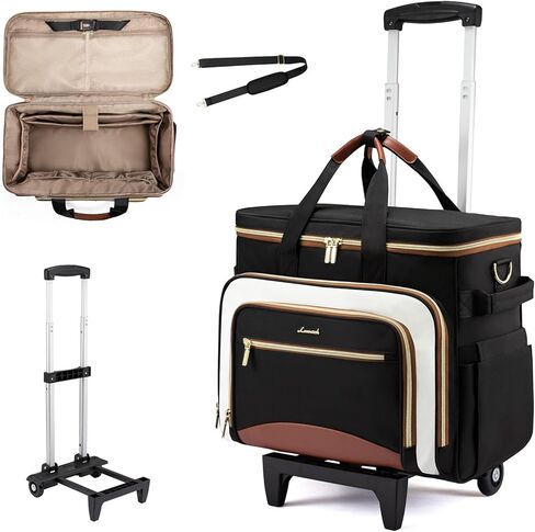 LOVEVOOK Rolling Teacher Bag with Detachable Dolly and Laptop Compartment, Large Rolling Tote Bag fits for 17.3" Laptop for Teacher Office Work Craft Nurse, Quilted-Black-beige-brown in Kuwait