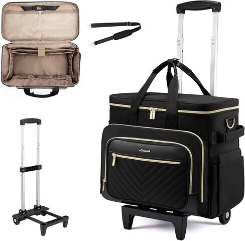 LOVEVOOK Rolling Teacher Bag with Detachable Dolly and Laptop Compartment, Large Rolling Tote Bag fits for 17.3" Laptop for Teacher Office Work Craft Nurse, Quilted-Black-beige-brown in Kuwait