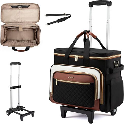 LOVEVOOK Rolling Teacher Bag with Detachable Dolly and Laptop Compartment, Large Rolling Tote Bag fits for 17.3" Laptop for Teacher Office Work Craft Nurse, Quilted-Black-beige-brown in Kuwait