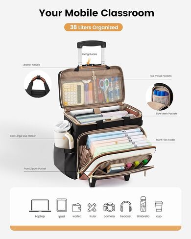 LOVEVOOK Rolling Teacher Bag with Detachable Dolly and Laptop Compartment, Large Rolling Tote Bag fits for 17.3" Laptop for Teacher Office Work Craft Nurse, Quilted-Black-beige-brown in Kuwait