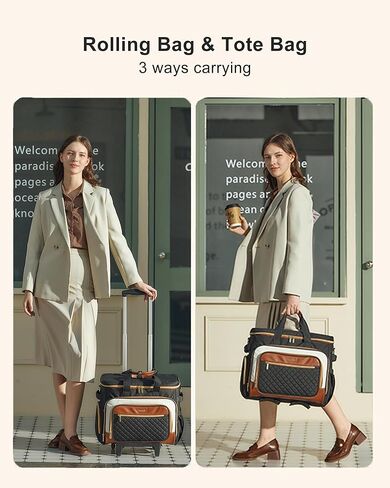 LOVEVOOK Rolling Teacher Bag with Detachable Dolly and Laptop Compartment, Large Rolling Tote Bag fits for 17.3" Laptop for Teacher Office Work Craft Nurse, Quilted-Black-beige-brown in Kuwait