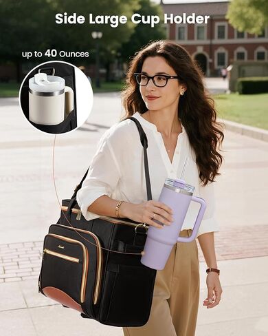 LOVEVOOK Rolling Teacher Bag with Detachable Dolly and Laptop Compartment, Large Rolling Tote Bag fits for 17.3" Laptop for Teacher Office Work Craft Nurse, Quilted-Black-beige-brown in Kuwait