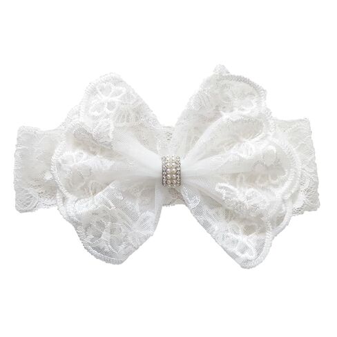 عصابة رأس من الدانتيل الأبيض للفتيات الصغيرات مع فيونكة ولؤلؤ، عصابة شعر مرنة ناعمة لحديثي الولادة والرضع (B-أبيض) in Kuwait