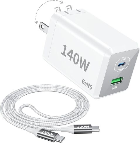 شاحن Mac Book Pro - شاحن USB C قابل للطي بقوة 140 وات ومنفذين متوافق مع أجهزة Mac Book، M1 M2 M3 M4 M5.iPad/iPhone 17/16 Series، Samsung Galaxy، Pixel، يتضمن كابل شحن بطول 5 أقدام in Kuwait