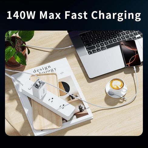 شاحن Mac Book Pro - شاحن USB C قابل للطي بقوة 140 وات ومنفذين متوافق مع أجهزة Mac Book، M1 M2 M3 M4 M5.iPad/iPhone 17/16 Series، Samsung Galaxy، Pixel، يتضمن كابل شحن بطول 5 أقدام in Kuwait