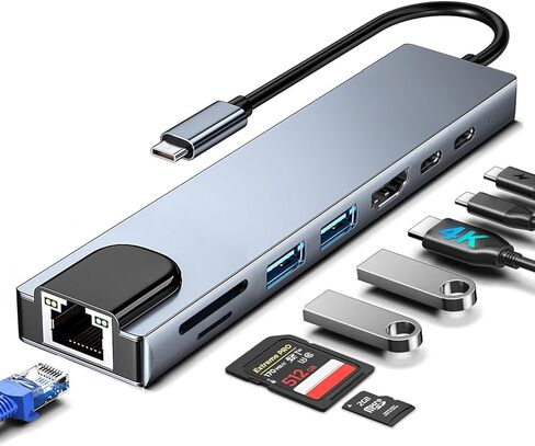 USB C Hub Ethernet HDMI Adapter, 8 in 1 Laptop Docking Station with 4K HDMI, RJ45 Ethernet 100Mbps, SD/TF Card Reader, USB 3.0/2.0, PD 100W, LAN USB C Dongle for MacBook Pro/Air, iPad Pro, XPS, etc in Saudi Arabia