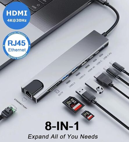 USB C Hub Ethernet HDMI Adapter, 8 in 1 Laptop Docking Station with 4K HDMI, RJ45 Ethernet 100Mbps, SD/TF Card Reader, USB 3.0/2.0, PD 100W, LAN USB C Dongle for MacBook Pro/Air, iPad Pro, XPS, etc in Saudi Arabia