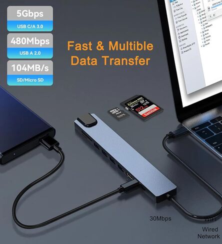 USB C Hub Ethernet HDMI Adapter, 8 in 1 Laptop Docking Station with 4K HDMI, RJ45 Ethernet 100Mbps, SD/TF Card Reader, USB 3.0/2.0, PD 100W, LAN USB C Dongle for MacBook Pro/Air, iPad Pro, XPS, etc in Saudi Arabia