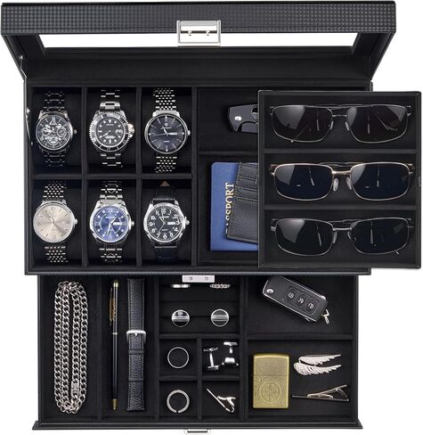 ProCase Mens Jewelry Box, Lockable 6 Slot Watch Case & 3 Slot Sunglasses Organizer, 2-layer Mens Jewelry Organizer Watch Box for Men, Watches Holder Display Storage Birthday Christmas Gifts -Brown in Saudi Arabia