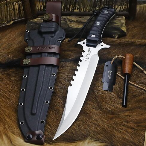 BA-KOR (15.8 inches) 5mm full Tang 9CR18MOV steel nylon fiber handle Bowie knife + sheath + (5.9 inches) cerium element striker, suitable for outdoor hunting, camping, survival, and daily carry of tools. (Sanding (full edge)) in Saudi Arabia