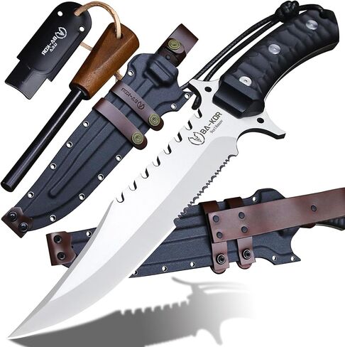 BA-KOR (15.8 بوصة) 5 مم كامل تانغ 9CR18MOV مقبض من ألياف النايلون الفولاذية سكين باوي + غمد + (5.9 بوصة) مهاجم عنصر السيريوم، مناسب للصيد في الهواء الطلق، والتخييم، والبقاء على قيد الحياة، والحمل اليومي للأدوات. (الصنفرة (الحافة الكاملة)) in Kuwait