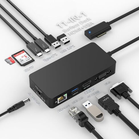 قاعدة إرساء سطحية، قاعدة توصيل سطحية 11 في 1 تعرض HDMI 4K@60HZ+VGA، محطة إرساء Surface Pro مع مصدر طاقة لجهاز Surface Pro 11/10/9/8/X/7/6/5/4/3، كتاب، كمبيوتر محمول، Go Dock in Saudi Arabia