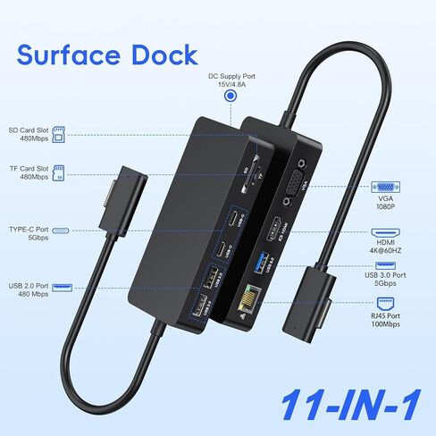 قاعدة إرساء سطحية، قاعدة توصيل سطحية 11 في 1 تعرض HDMI 4K@60HZ+VGA، محطة إرساء Surface Pro مع مصدر طاقة لجهاز Surface Pro 11/10/9/8/X/7/6/5/4/3، كتاب، كمبيوتر محمول، Go Dock in Saudi Arabia