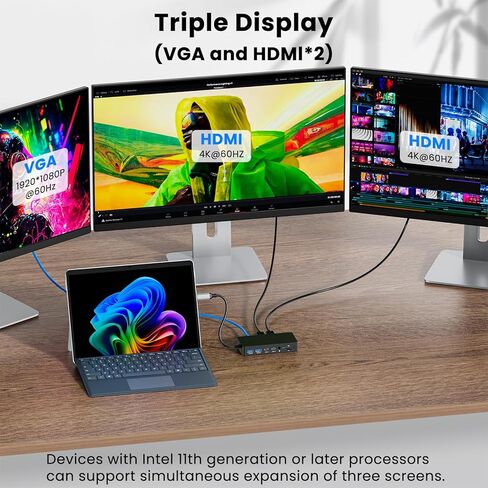 Surface Thunderbolt 4 Dock Triple Displays 4K HDMI*2+VGA، محطة إرساء 12 في 1 Surface Pro مع محول طاقة 100 واط لجهاز Microsoft Surface Pro 12/11/10/9/8/X/7+/7، كمبيوتر محمول 7/6/5/4/3، كمبيوتر محمول Go، ستوديو in Saudi Arabia