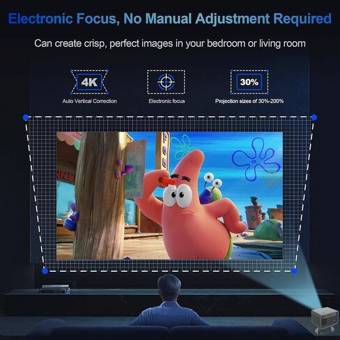 جهاز عرض صغير يدعم 4K مع WiFi وBluetooth، تطبيقات مدمجة وتركيز كهربائي، 300 ANSI وجهاز عرض محمول Keystone تلقائي، شاشة 200 بوصة متوافقة مع iPhone/Laptop/TV Stick لغرفة النوم في الهواء الطلق in Kuwait