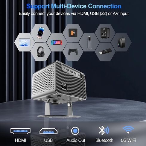 جهاز عرض صغير يدعم 4K مع WiFi وBluetooth، تطبيقات مدمجة وتركيز كهربائي، 300 ANSI وجهاز عرض محمول Keystone تلقائي، شاشة 200 بوصة متوافقة مع iPhone/Laptop/TV Stick لغرفة النوم في الهواء الطلق in Kuwait