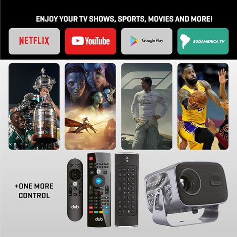DUB Projector with TV Apps Included – Android 14 | 4K + 3D Support | Built-in Speaker | Wi-Fi & Bluetooth | Auto Focus | 2GB RAM | HDMI & 2× USB | Includes Smart Remote + Protective Case + Dust Cover. in Saudi Arabia