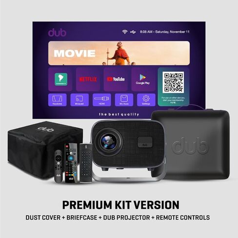 DUB Projector with TV Apps Included – Android 14 | 4K + 3D Support | Built-in Speaker | Wi-Fi & Bluetooth | Auto Focus | 2GB RAM | HDMI & 2× USB | Includes Smart Remote + Protective Case + Dust Cover. in Saudi Arabia