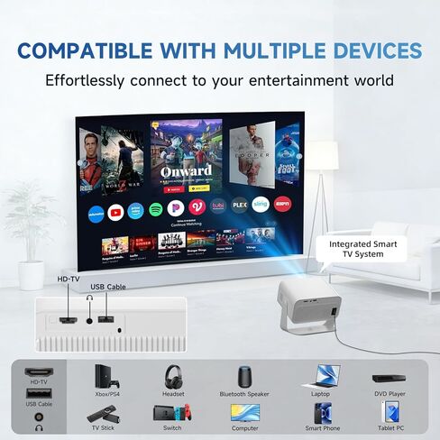 Projector with WiFi and Bluetooth, Home Smart tv Projector 4K Support, Electronic Focus & Auto Keystone, Portable Phone Wireless Gaming Movie Mini Proyector with apps for Bedroom/Celling/wall/ in Saudi Arabia