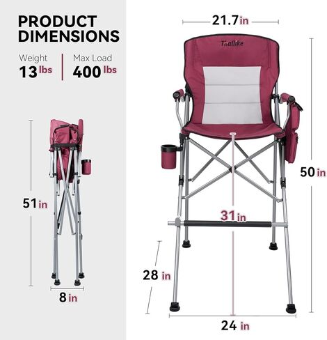 Foldable Directors Makeup Salon High Chair - Portable Camping Bar Height Folding Photoshoot Chairs with Stroage Bag Cup Holder Non-Slip Footrest, Supports 400 lbs Red Tall Director Chair in Saudi Arabia