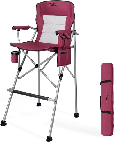 Foldable Directors Makeup Salon High Chair - Portable Camping Bar Height Folding Photoshoot Chairs with Stroage Bag Cup Holder Non-Slip Footrest, Supports 400 lbs Red Tall Director Chair in Saudi Arabia