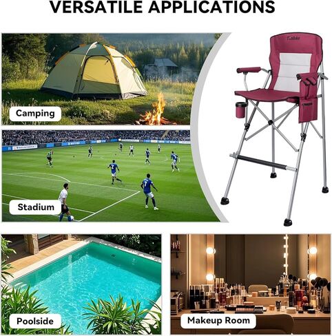 Foldable Directors Makeup Salon High Chair - Portable Camping Bar Height Folding Photoshoot Chairs with Stroage Bag Cup Holder Non-Slip Footrest, Supports 400 lbs Red Tall Director Chair in Saudi Arabia
