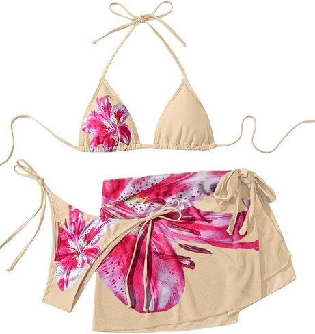 Verdusa Women's 3 Piece Floral Halter Bikini Set Self Tie High Cut Swimsuit with Cover Up Skirt in Saudi Arabia
