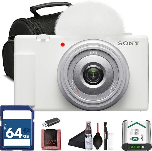 Sony ZV-1 Digital Camera White (DCZV1/W) ، بطاقة ذاكرة 64 جيجابايت ، قارئ البطاقات ، حقيبة ناعمة ديلوكس ، ترايبود مرن ، محفظة بطاقة الذاكرة ، مجموعة التنظيف in Kuwait