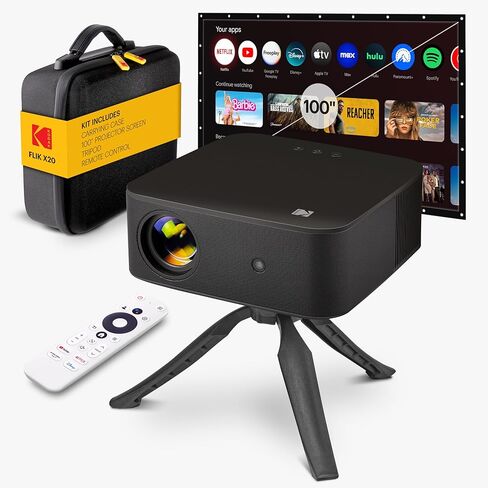 Kodak Flik X20 1080p Smart TV Projector Kit w/ 300 ANSI LED, Auto-Focus & Keystone, HDR10 – Portable Home Theater w/ Black EVA Case, Tripod, 100″ Screen, HDMI Cable, Remote, Wi-Fi, Bluetooth (Black) in Saudi Arabia