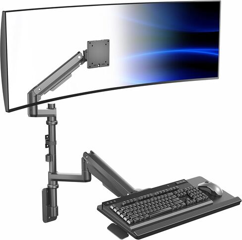 VIVO Sit-Stand Heavy Duty Ultrawide Monitor Wall Mount for Screens up to 49 inches with Height Adjustable Keyboard and Mouse Tray, Pneumatic Arm Computer Workstation, MOUNT-V120KB35C in Saudi Arabia