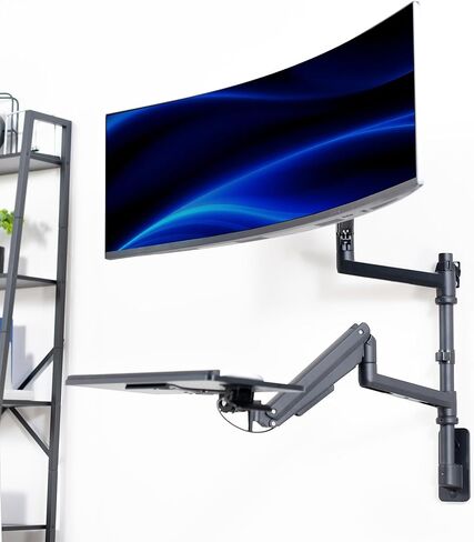 VIVO Sit-Stand Heavy Duty Ultrawide Monitor Wall Mount for Screens up to 49 inches with Height Adjustable Keyboard and Mouse Tray, Pneumatic Arm Computer Workstation, MOUNT-V120KB35C in Saudi Arabia