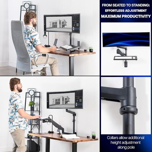 VIVO Sit-Stand Heavy Duty Ultrawide Monitor Wall Mount for Screens up to 49 inches with Height Adjustable Keyboard and Mouse Tray, Pneumatic Arm Computer Workstation, MOUNT-V120KB35C in Saudi Arabia