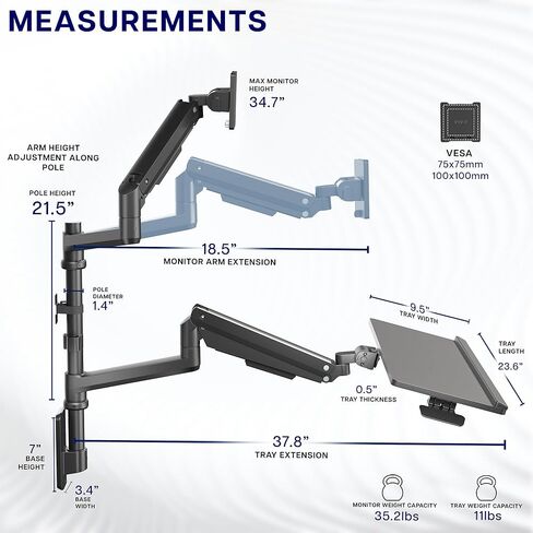 VIVO Sit-Stand Heavy Duty Ultrawide Monitor Wall Mount for Screens up to 49 inches with Height Adjustable Keyboard and Mouse Tray, Pneumatic Arm Computer Workstation, MOUNT-V120KB35C in Saudi Arabia