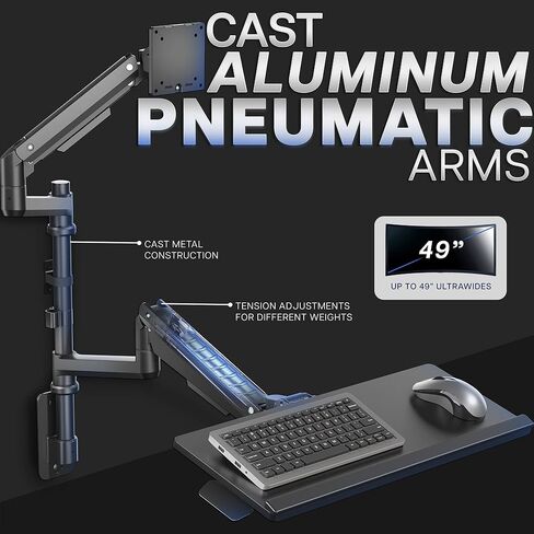 VIVO Sit-Stand Heavy Duty Ultrawide Monitor Wall Mount for Screens up to 49 inches with Height Adjustable Keyboard and Mouse Tray, Pneumatic Arm Computer Workstation, MOUNT-V120KB35C in Saudi Arabia