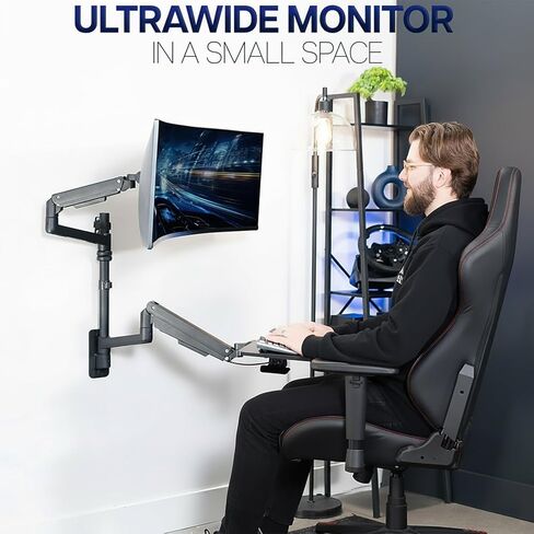 VIVO Sit-Stand Heavy Duty Ultrawide Monitor Wall Mount for Screens up to 49 inches with Height Adjustable Keyboard and Mouse Tray, Pneumatic Arm Computer Workstation, MOUNT-V120KB35C in Saudi Arabia