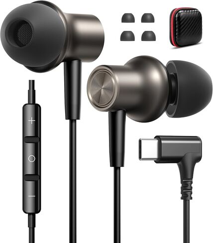 iMangoo USB C Ear Buds Wired Headphone, 90° Angled Plug in USBC Headphones Wire Earbuds Corded Earphones with Microphone for Apple iPhone 17 16 15 Air for Samsung Android Laptop Computer Gunmetal in Saudi Arabia