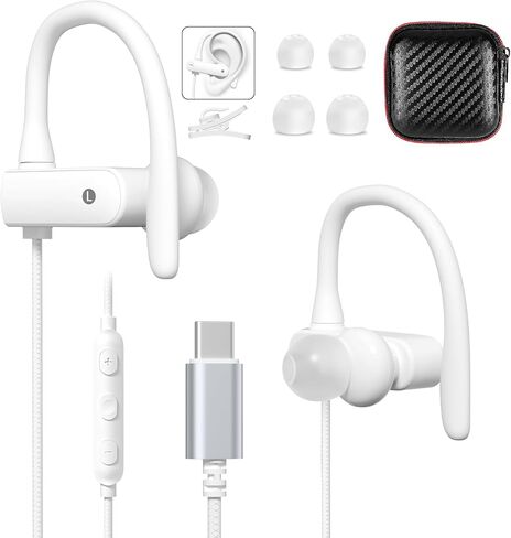 iMangoo Over The Ear Earbuds, Flexible Wrap Around Wired USB C Headphones, Around Ear USBC Headphone with Mic Volume Control Behind The Ear Headphones for Sports, Running, Exercise, Gym Workout White in Saudi Arabia