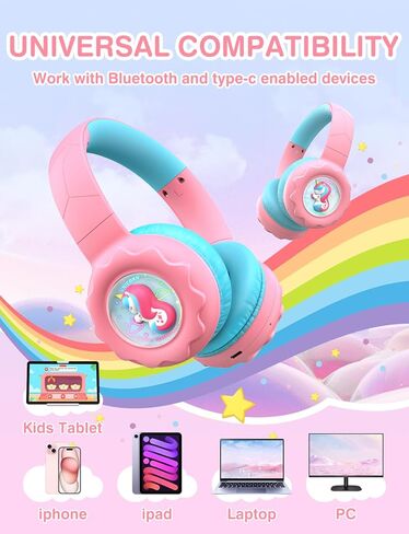 Kids Bluetooth Headphones, Rainbow LED Light, Unicorn Buddy, 85dB Volume Limited, 60 Hours Playtime, Bluetooth 5.3, USB C, Kids Wireless Headphones for iPad/Tablet/Travel/School, Durable in Saudi Arabia
