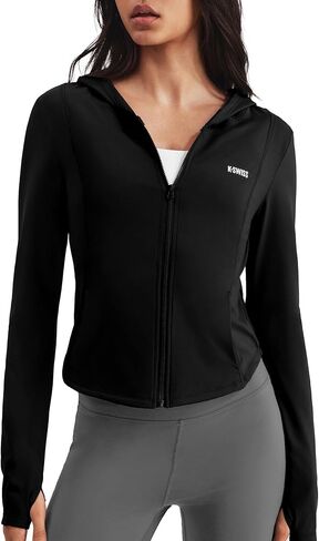 سترة رياضية قصيرة للنساء من K-Swiss - قمصان خفيفة الوزن ذات مقاس نحيف بسحاب - سترات رياضية بغطاء للرأس وفتحات للإبهام in Kuwait